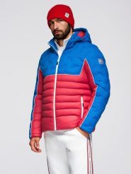 Pikowana kurtka męska z odpinanym kapturem – niebiesko-czerwona V1. Czerwone kurtki Ombre Clothing, na zimę, m, z aplikacjami, z materiału. W wyprzedaży za 287.99 zł.