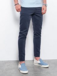 Spodnie męskie chinosy SLIM FIT - granatowe - Rozmiar: M. Niebieskie eleganckie spodnie Ombre Clothing, na co dzień, m, z bawełny. W wyprzedaży za 69.99 zł.