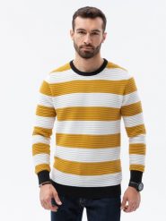 Sweter męski w paski - musztardowy V2 E189 - XXL. Swetry nierozpinane Ombre Clothing, m, bez wzorów, z bawełny, bez kołnierzyka, bez ramiączek. W wyprzedaży za 39.99 zł.