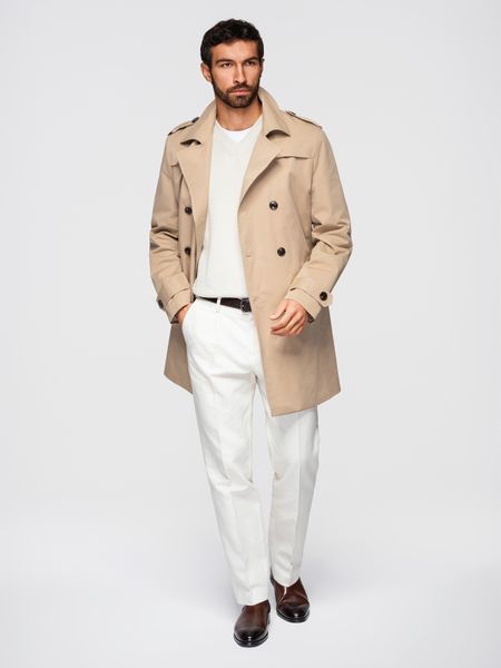 Elegancki dwurzędowy męski płaszcz trencz SLIM FIT z paskiem - beżowy V1 - Rozmiar: XXL. Brązowe płaszcze Ombre Clothing, m, bez wzorów, z materiału, eleganckie, bez kaptura. Za 459.99 zł.