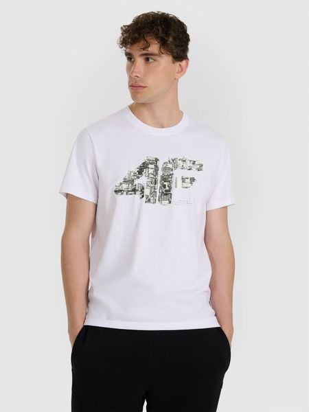 4F T-shirt regular z nadrukiem męski - biały XXL. Białe t-shirty 4F, m, bez wzorów, z bawełny, bez kołnierzyka, bez ramiączek. W wyprzedaży za 29.99 zł.