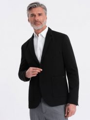 Marynarka męska z naszywanymi kieszeniami - czarna V5 OM-BLZB-0127 - XXL. Czarne garnitury Ombre Clothing, na co dzień, l, bez wzorów, z materiału, eleganckie. W wyprzedaży za 229.99 zł.