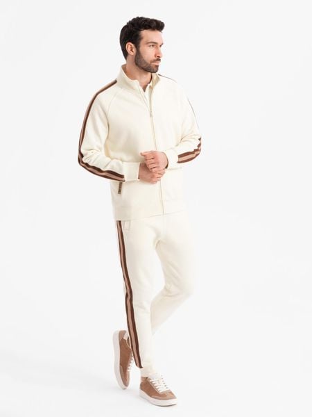 Dresowy komplet set męski bluza rozpinana + spodnie dresowe joggery - kremowy V3 - Rozmiar: XL. Białe joggery i bojówki Ombre Clothing, m, z aplikacjami, z bawełny, biznesowe. W wyprzedaży za 293.99 zł.