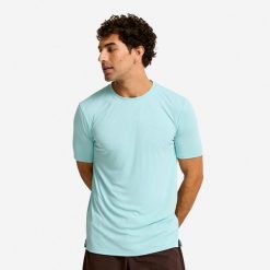 Koszulka fitness męska Domyos krótki rękaw. Niebieskie bluzki z długim rękawem DOMYOS, l, bez wzorów, z materiału, bez kołnierzyka, bez ramiączek. Za 52.49 zł.