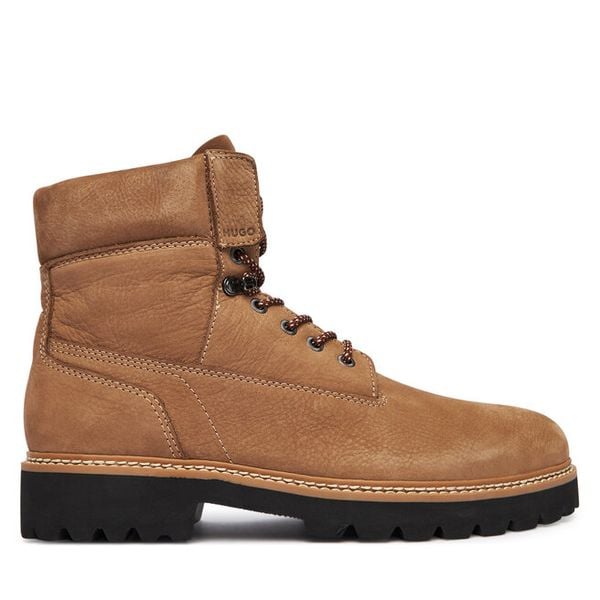 Trzewiki HUGO. Brązowe botki sznurowane Hugo, bez wzorów, bez obcasa, bez zapięcia. Za 609.99 zł.