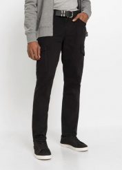 Spodnie bojówki ze stretchem, o kroju slim fit, straight. Czarne joggery i bojówki bonprix, m, bez wzorów. Za 149.99 zł.