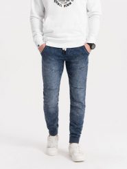 Spodnie męskie marmurkowe JOGGERY z przeszyciami - niebieskie V1 OM-PADJ-0108 - L. Niebieskie joggery i bojówki Ombre Clothing, l, bez wzorów, z bawełny. W wyprzedaży za 69.99 zł.