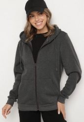 Ciemnoszara Rozpinana Bluza z Bawełną i Kapturem Typu Oversize Diosa. Szare bluzy Born2be, na jesień, l, bez wzorów, z bawełny. Za 59.99 zł.