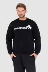 DSQUARED2 Czarna bluza męska z białym logo z liściem. Czarne bluzy Dsquared2, l, bez wzorów, bez kaptura. W wyprzedaży za 999.99 zł.