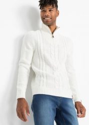Sweter ze wzorem w warkocze. Białe swetry nierozpinane bonprix, m, bez wzorów, ze skóry, bez kołnierzyka, bez ramiączek. Za 129.99 zł.