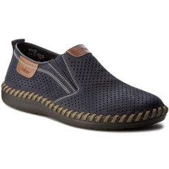 Półbuty Rieker. Niebieskie eleganckie półbuty Rieker, bez wzorów, bez obcasa, bez zapięcia. Za 379.99 zł.