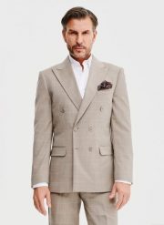 PAKO LORENTE – Dwurzędowa marynarka garniturowa w kratę. Brązowe garnitury Pako Lorente, m, bez wzorów, z wełny. Za 649.99 zł.