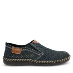 Półbuty Rieker. Niebieskie eleganckie półbuty Rieker, bez wzorów, bez obcasa, bez zapięcia. Za 369.99 zł.