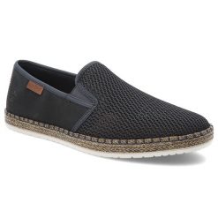 Niebieskie Espadryle Rieker Eleganckie Wsuwane Obuwie Męskie. Niebieskie espadryle Rieker, bez wzorów, z jeansu, bez obcasa, bez zapięcia. Za 319.00 zł.