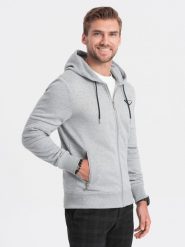 Bluza męska rozpinana z kapturem - szary melanż V2 OM-SSZP-22SS-010 - XXL. Szare bluzy Ombre Clothing, l, bez wzorów, z bawełny, z kapturem. W wyprzedaży za 69.99 zł.