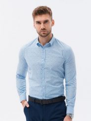 Koszula męska z długim rękawem w mikro wzór - błękitna V3. Niebieskie koszule Ombre Clothing, m, bez wzorów, z bawełny, bez kołnierzyka, bez ramiączek. W wyprzedaży za 39.99 zł.