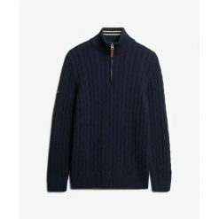 Sweter z zapięciem na zamek z bawełny skręcanej Superdry Classic. Niebieskie swetry nierozpinane Superdry, na zimę, m, bez wzorów, z bawełny, bez kołnierzyka, bez ramiączek. W wyprzedaży za 382.65 zł.