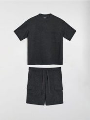Prążkowana piżama dwuczęściowa oversize soft touch - szary. Szare piżamy Sinsay, l, bez wzorów, prążkowane, bez ramiączek. Za 49.99 zł.