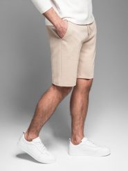Casualowe szorty męskie SLIM FIT z dzianiny żakardowej – beżowe V2 OM-SRCS-0168 - XXL. Brązowe szorty Ombre Clothing, l, bez wzorów, z bawełny, eleganckie. Za 161.99 zł.