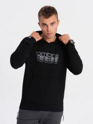 Nierozpinana bluza męska z kapturem i nadrukiem - czarna V3 OM-SSPS-0153 - XL. Czarne bluzy Ombre Clothing, m, bez wzorów, z bawełny, z kapturem. W wyprzedaży za 49.99 zł.