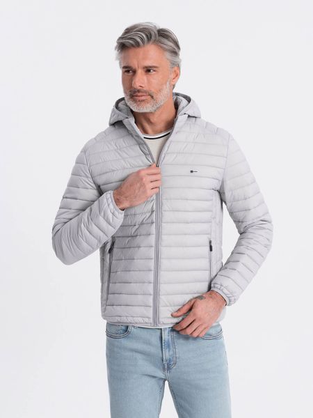 Kurtka męska pikowana pakowana w worek - szara V2 - Rozmiar: L. Szare kurtki Ombre Clothing, l, bez wzorów, z materiału. W wyprzedaży za 179.99 zł.