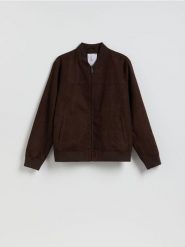 Kurtka bomberka z imitacji zamszu - ciemnobrązowy. Brązowe kurtki Reserved, l, bez wzorów, bez kaptura. Za 199.99 zł.