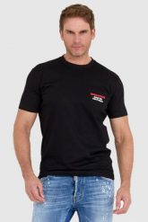 DSQUARED2 Czarny t-shit męski z kieszonką. Czarne t-shirty Dsquared2, l, bez wzorów, bez kołnierzyka, bez ramiączek. W wyprzedaży za 599.99 zł.