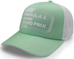 Czapka F1 Miami Grand Prix pistacjowo-pastelowa. Fioletowe czapki z daszkiem Erima, na lato, bez wzorów, z materiału. Za 185.99 zł.