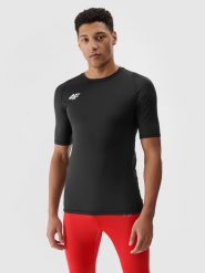 4F Koszulka treningowa szybkoschnąca męska - czarna L. Czarne t-shirty 4F, l, bez wzorów, z dzianiny, bez kołnierzyka, bez ramiączek. W wyprzedaży za 44.99 zł.