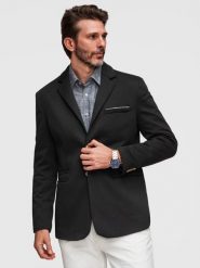 Dzianinowa marynarka męska o dopasowany kroju SLIM FIT - czarna V5. Czarne marynarki Ombre Clothing, do pracy, m, bez wzorów, z bawełny, biznesowe. Za 379.99 zł.
