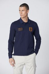 AERONAUTICA MILITARE Granatowe męskie polo z długim rękawem Piqué. Niebieskie bluzki z długim rękawem Aeronautica Militare, l, bez wzorów, bez kołnierzyka, bez ramiączek. W wyprzedaży za 399.99 zł.