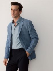 Marynarka slim fit w kratę - niebieski. Niebieskie garnitury Reserved, l, bez wzorów, z tkaniny. W wyprzedaży za 199.99 zł.