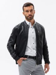 Kurtka męska z imitacji skóry ze ściągaczem na dole - czarna V2 OM-JAFL-0109 - XL. Czarne kurtki Ombre Clothing, m, bez wzorów, ze skóry, bez kaptura. W wyprzedaży za 119.99 zł.