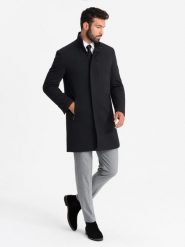 Dopasowany strukturalny męski płaszcz z wysokim kołnierzem – czarny V1 - Rozmiar: S. Czarne płaszcze Ombre Clothing, m, z aplikacjami, z materiału, eleganckie, bez kaptura. Za 519.99 zł.