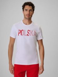 4F Koszulka kibica męska - biała XL. Białe t-shirty 4F, m, bez wzorów, z bawełny, bez kołnierzyka, bez ramiączek. Za 69.99 zł.