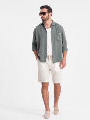 Męskie krótkie spodenki z dodatkiem lnu - kremowe V2 OM-SRCS-0131 - XXL. Białe szorty Ombre Clothing, l, bez wzorów, z bawełny, wakacyjne. W wyprzedaży za 79.99 zł.
