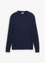 Sweter we wzór w warkocze z czystej bawełny organicznej nadającej się do recyklingu. Niebieskie swetry nierozpinane bonprix, m, bez wzorów, z bawełny, bez kołnierzyka, bez ramiączek. Za 129.99 zł.