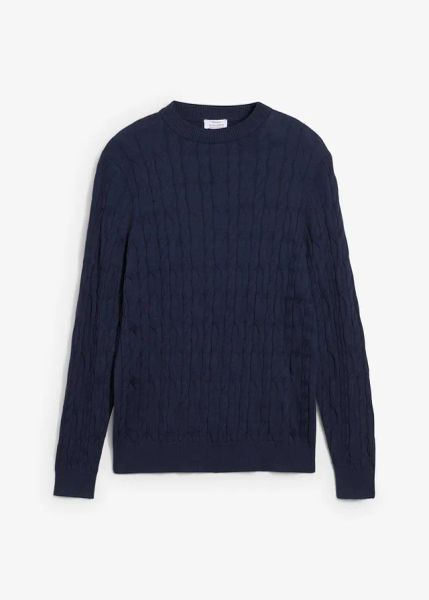 Sweter we wzór w warkocze z czystej bawełny organicznej nadającej się do recyklingu. Niebieskie swetry nierozpinane bonprix, m, bez wzorów, z bawełny, bez kołnierzyka, bez ramiączek. Za 129.99 zł.