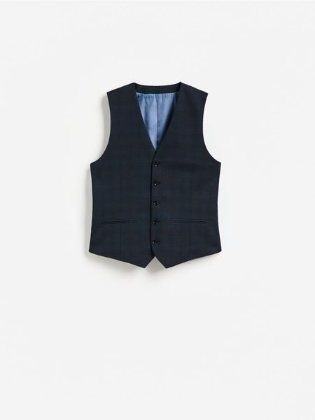 Garniturowa kamizelka - granatowy. Niebieskie garnitury Reserved, l, bez wzorów, z tkaniny. Za 159.99 zł.