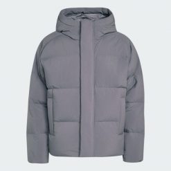 Puchowa kurtka z kapturem Helionic. Szare kurtki Adidas, l, bez wzorów, z materiału, z kapturem. Za 799.00 zł.