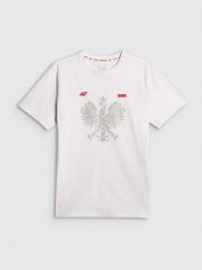 4F Koszulka kibica męska - biała L. Białe t-shirty 4F, l, bez wzorów, z dzianiny, bez kołnierzyka, bez ramiączek. Za 79.99 zł.