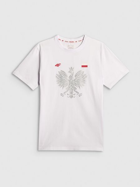4F Koszulka kibica męska - biała XL. Białe t-shirty 4F, m, bez wzorów, z dzianiny, bez kołnierzyka, bez ramiączek. Za 79.99 zł.