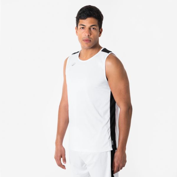 Koszulka do koszykówki bez rękawów unisex Tank 100. Białe bezrękawniki KIPSTA, xl, bez wzorów, z materiału, bez kołnierzyka, bez ramiączek. Za 29.99 zł.