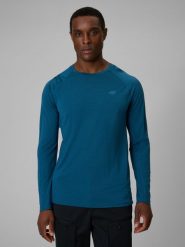 4F Longsleeve trekkingowy szybkoschnący z wełną merino męski - turkusowy L. Niebieskie bluzki z długim rękawem 4F, l, bez wzorów, ze skóry, bez kołnierzyka, bez ramiączek. Za 249.99 zł.