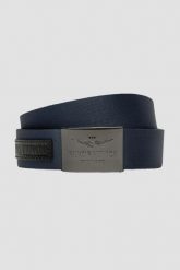 AERONAUTICA MILITARE Granatowy pasek męski Webbing Belt With Leather Detail. Niebieskie paski Aeronautica Militare, bez wzorów. W wyprzedaży za 169.99 zł.