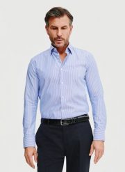 PAKO LORENTE – Niebieska koszula męska w paski. Niebieskie koszule Pako Lorente, m, bez wzorów, z bawełny, bez kołnierzyka, bez ramiączek. Za 99.99 zł.