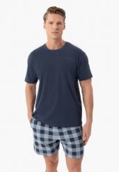 Piżama męska z szortami U-SEN. Niebieskie piżamy Volcano, l, bez wzorów, z bawełny, bez ramiączek. Za 109.99 zł.