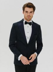 PAKO LORENTE – Granatowa żakardowa marynarka smokingowa. Garnitury Pako Lorente, na ślub cywilny, bez wzorów, z żakardem. Za 999.99 zł.
