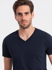 Klasyczna męska bawełniana koszulka z dekoltem w serek BASIC - granatowa V2 OM-TSBS-0145 - XXL. Niebieskie t-shirty Ombre Clothing, l, bez wzorów, z bawełny, bez kołnierzyka, bez ramiączek. W wyprzedaży za 24.99 zł.
