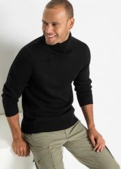 Ciepły sweter z golfem, regular fit. Czarne golfy bonprix, m, bez wzorów, prążkowane, bez ramiączek. Za 99.99 zł.